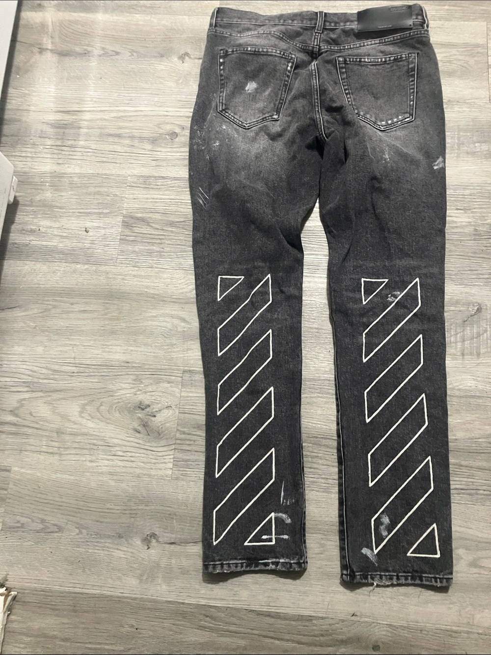 Off-White Black Slim Straight Jeans with White Diagonal Stripe Graphics